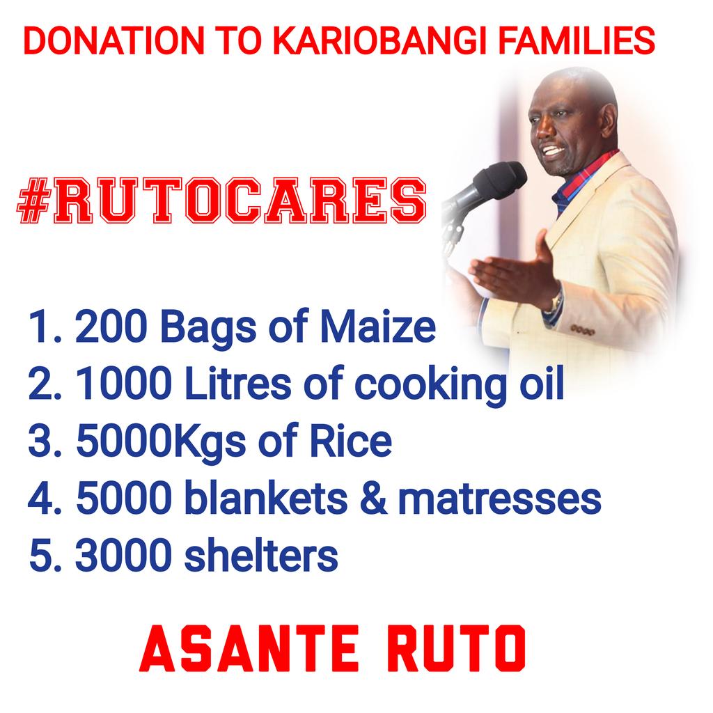 luizkipspatrick's tweet photo. Dp @WilliamsRuto has donated

1. 200 sacks of Maize
2. 1000 litres of cooking oil
3. 5000kilos of rice
4. 5000 mattresses &amp; blankets 
5. 3000 temporary shades.
To Kariobangi families
@DavidNdii
@kipmurkomen

He knows what being poor means.

#RutoCares #kenyatta #Nairobi https://t.co/y6BbmWuJQU