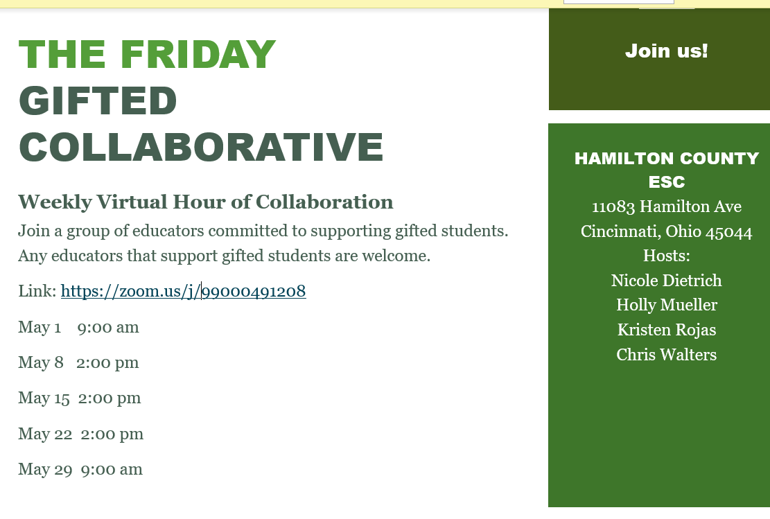 MuellerHolly's tweet photo. Join us in 5 minutes for the @HamiltonCoESC #GiftedCollaborative! Today we are talking about #SEL and gifted learners. We'd love to learn with you! @Walters_HCESC @Nicoleddietrich @kris_rojas1 https://t.co/0VFt8QN8S8