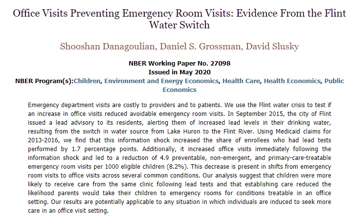 NBER (@nberpubs) on Twitter photo The September 2015 Flint lead advisory led to more lead tests for young children, more office visits, and then a 8.2% reduction in avoidable emergency room visits, from <a href="/Shooshan5/">Shooshan Danagoulian</a>, <a href="/DS_Grossman/">Daniel Grossman</a>, and <a href="/DavidSlusky/">David Slusky</a> nber.org/papers/w27098 The September 2015 Flint lead advisory led to more lead tests for young children, more office visits, and then a 8.2% reduction in avoidable emergency room visits, from <a href="/Shooshan5/">Shooshan Danagoulian</a>, <a href="/DS_Grossman/">Daniel Grossman</a>, and <a href="/DavidSlusky/">David Slusky</a> nber.org/papers/w27098