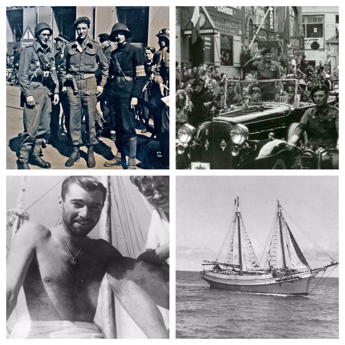 GuyFieldLondon's tweet photo. My Grandfathers 8th May 1945. Top picture is Lt Colonel N Field OBE. (Centre) 1st Airborne,  In the staff of the forces sent to receive the surrender of the German Army in Denmark. Capt P Pearson aboard the Catina, flagship of Force 133 SBS Special Boat Service in the  med https://t.co/7p0udiN9Vs