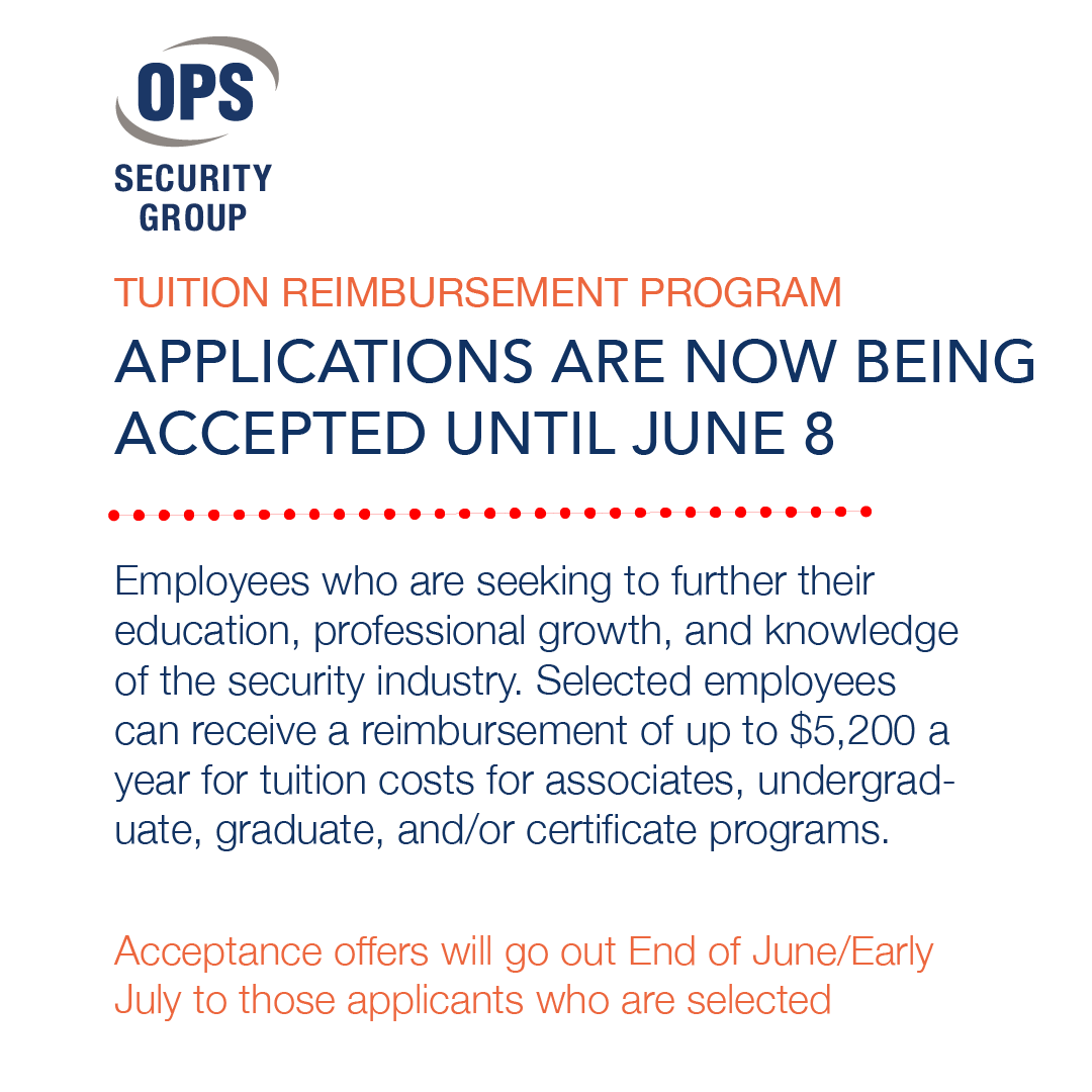 OPSProtect's tweet photo. OPS Security Group Tuition Reimbursement Program is open to employees now! The applications can be found in ADP under the "internal jobs" link. #opssecuritygroup #employees #tuitionreimbursement #learning #investinginouremployees https://t.co/X3wSqtGsQE