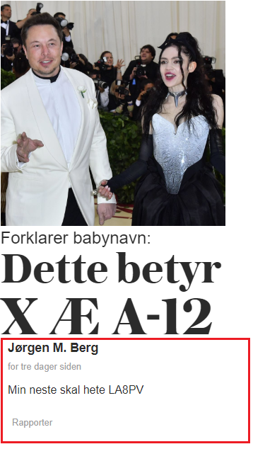 kommentarfilter's tweet photo. Humorprisen i dag går til Jørgen M. Berg! 
hvor spaca er du hvis du kaller ungen din xæa-12?
#VG https://t.co/FdYahPiDbc