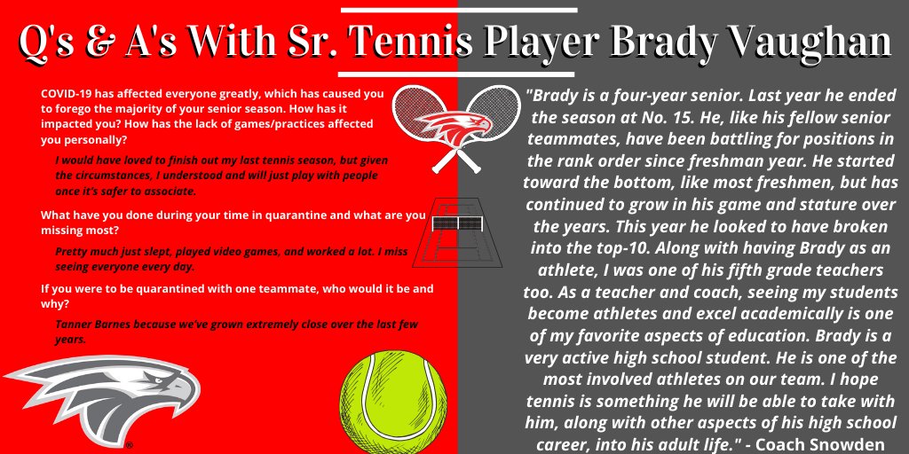 🎾 Friday's senior spotlight is "one the most involved athletes on <a href="/NixaGuysTennis/">Nixa Guys Tennis</a> who excels academically", &amp; is the President of the Student Body, Brady Vaughan!

Brady will be headed to Duke University in the fall.

Check out his Q &amp; A.

#NixaStrong #Classof2020 #OzoneSenior