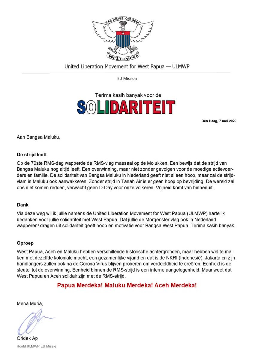 FreeWestPapuaNL's tweet photo. A letter of thanks to the Moluccan people in the Netherlands for their solidarity with #WestPapua. #Maluku - Via ULMWP EU Mission
#PapuaMerdeka #MalukuMerdeka #AcehMerdeka https://t.co/mjXWG7NpcM