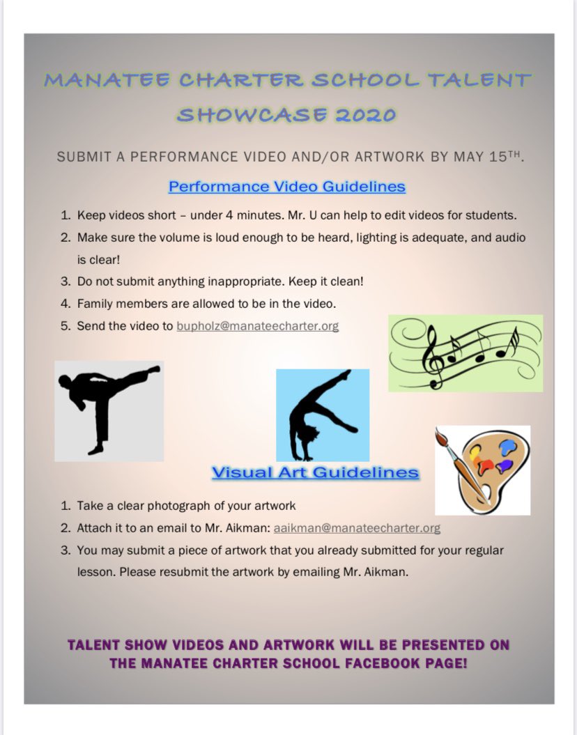 Manateecharter1's tweet photo. TALENT SHOW INFORMATION 🎶 🏆 #talentshow #mcspride #gomantarays #shiningstars https://t.co/ZxW3FBLXub