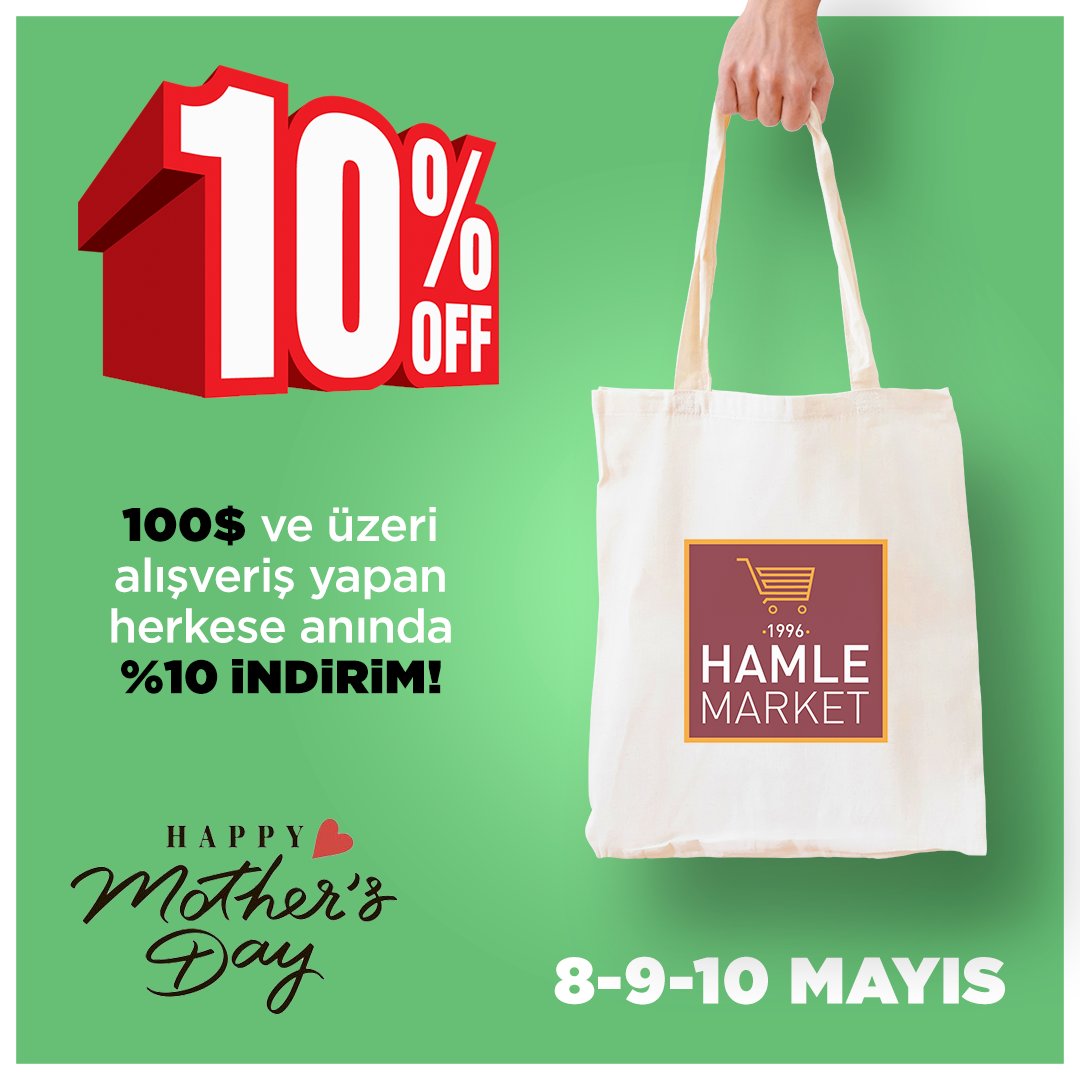 HamleMarket's tweet photo. Anneler Gününe özel 3 gün boyunca yapacağınız 100$ ve üzeri alışverişlerde kategori ve ürün kısıtlaması olmaksızın sepette anında %10 indirim!

► https://t.co/G9aqS5PJiP

#HappyMothersDay #HamleMarket https://t.co/Fe7xDbc5RM