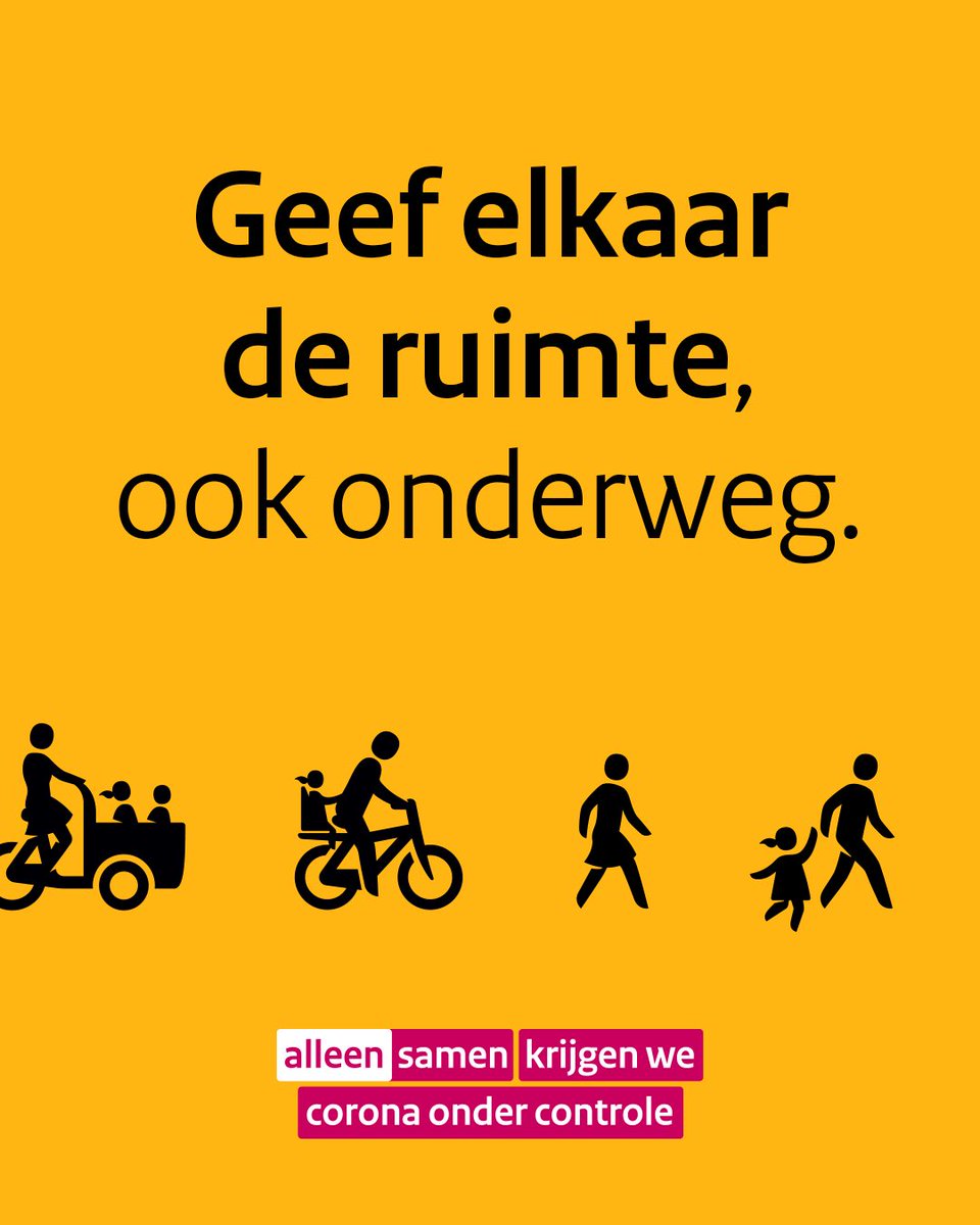Vanaf maandag 11 mei geven we elkaar stap voor stap meer ruimte. De kinderopvang mag ook weer open. Geef elkaar de ruimte en breng je kind(eren) waar mogelijk het liefst lopend of op de fiets naar school. 
#AlleenSamen krijgen we #corona onder controle.

rijksoverheid.nl/onderwerpen/co…