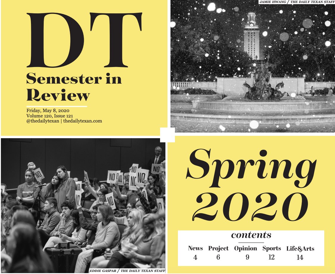 thedailytexan's tweet photo. Our final issue of the semester may not be on the campus newsstands today, but it is available online 🗞️: https://t.co/JOJTyrqET2

Follow us to read more as we take a look back at the semester — as well as look ahead to Fall 2020. https://t.co/XoRYMBzb02