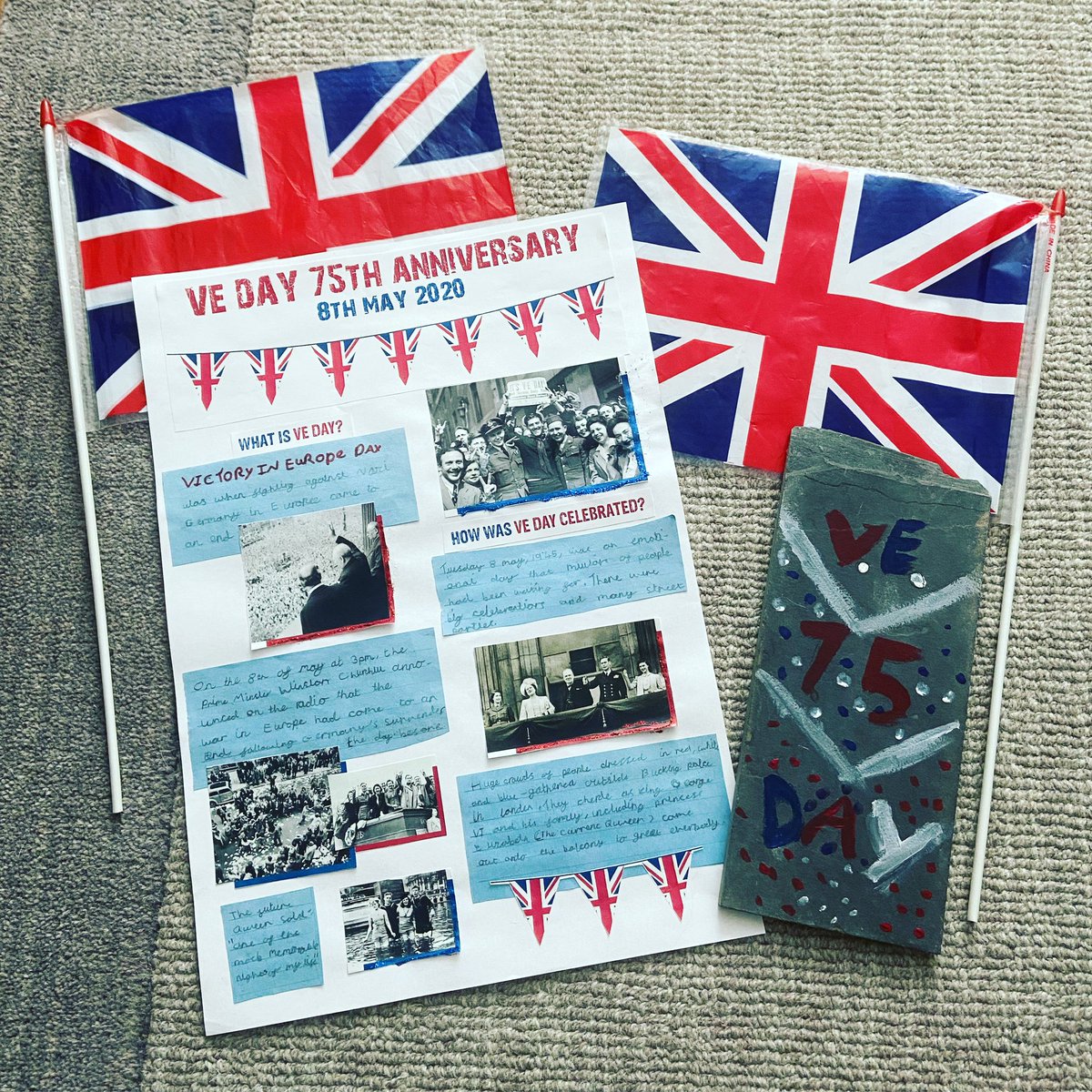 JacquiMurphy15's tweet photo. @latimerprimary Imogen has been busy researching and creating her VE DAY 75th anniversary poster and painted slate. Happy VE DAY everyone 🇬🇧 #latimerfamily https://t.co/iIoGjjv4LA