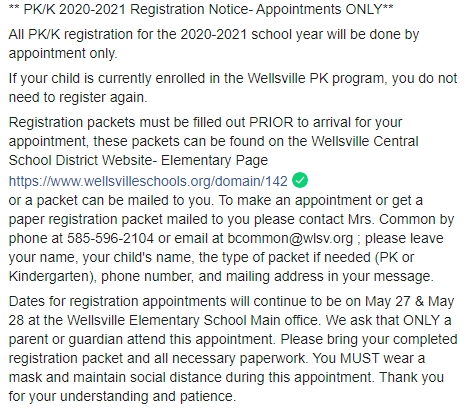WellsvilleCSD's tweet photo. ** PK/K 2020-2021 Registration Notice- Appointments ONLY** https://t.co/65yGRWpWwA