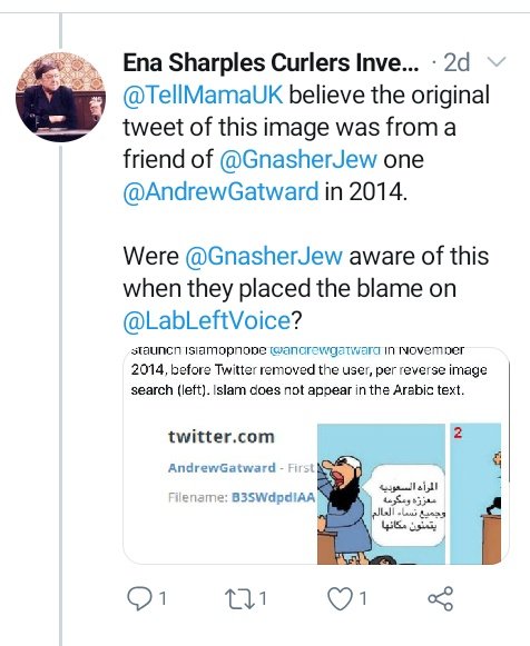 Ena spends her time 'researching' Jews on behalf of LLV, a non-existent group which is just cover for a Holocaust revisionist. LLV falsely claimed an Islamaphobic tweet was posted by Jewish antisemitism campaigner  @RachelRileyRR. Ena blames the Jews for it...>>