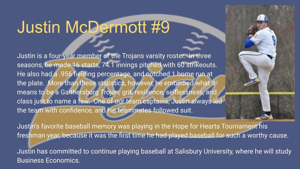 Our final senior spotlight is pitcher/ infielder, Justin McDermott. I had the pleasure of coaching him at the bookends of his high school career, and am proud of his growth and perseverance. Thank you for all of your contributions to our baseball program!
