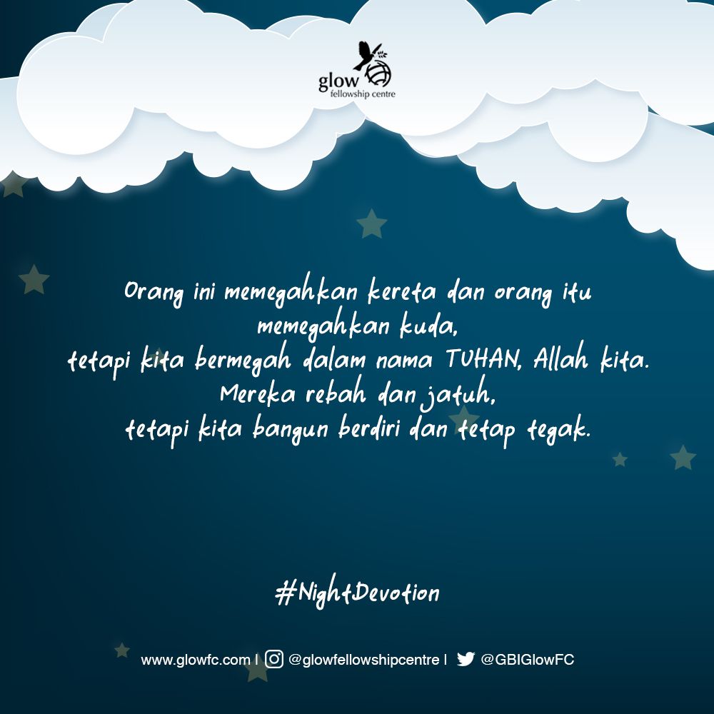 GBIGlowFC's tweet photo. Mazmur 20:8-9
—
Jangan pasif! Tuhan ingin kita menetapkan standar yang baru dalam hidup kita untuk selalu menjadi terang bagi orang-orang disekeliling kita!
—
#NightDevotion https://t.co/sftLkWQvLs
