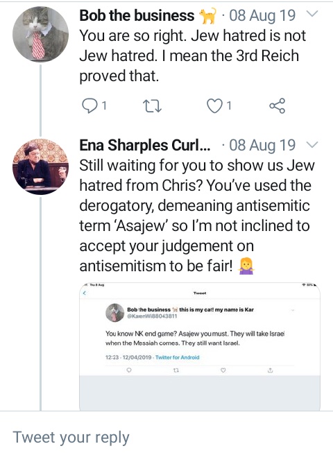 So a group of left wing accounts coordinate to attack Jews and police Jews online. In Ena's world a Jew deserves to be called an antisemite for the crime of pointing out the antisemitism of Chris Williamson. They consider themselves the arbitrators on all Jewish matters...>>