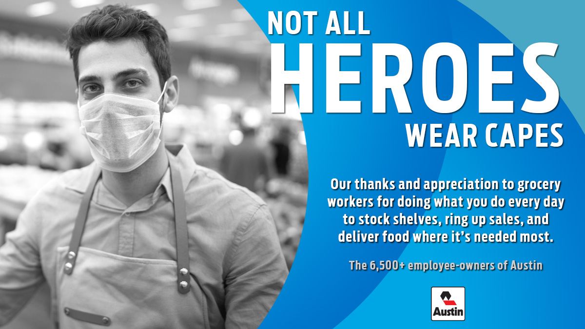 AustinCML's tweet photo. Our thanks and appreciation to grocery workers for doing what you do every day to stock shelves, ring up sales, and deliver food where it's needed most.
#groceryworkers #WeAreAustin #WeOwnIt #WeBuildIt #AustinProud #AustinSafe #COVID19 https://t.co/2uAUPDKJjb