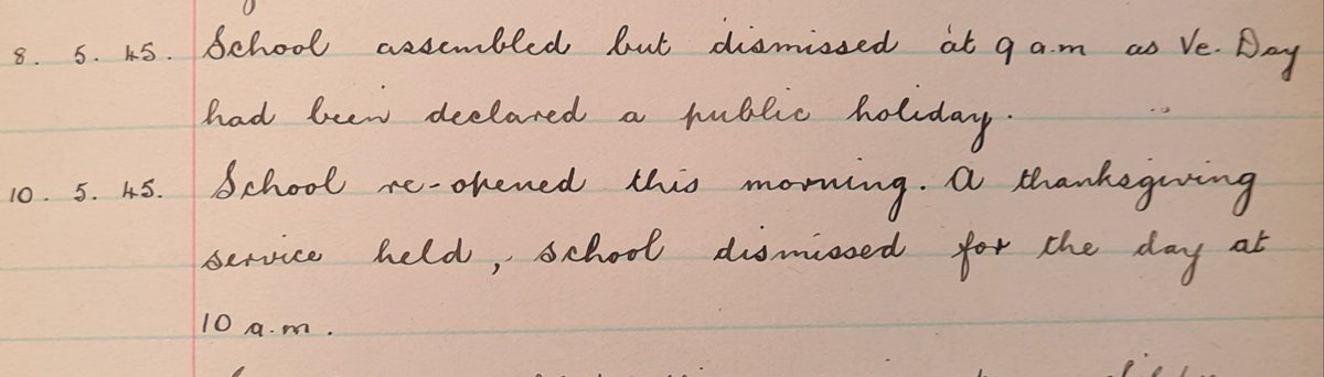 MissScottNP1's tweet photo. 75 years ago the Headteacher at Ninian Park wrote this in the school log book. 75 years later we remember and say thank you. #VEDay75 @GLHS1 https://t.co/PPBTmF2eY2