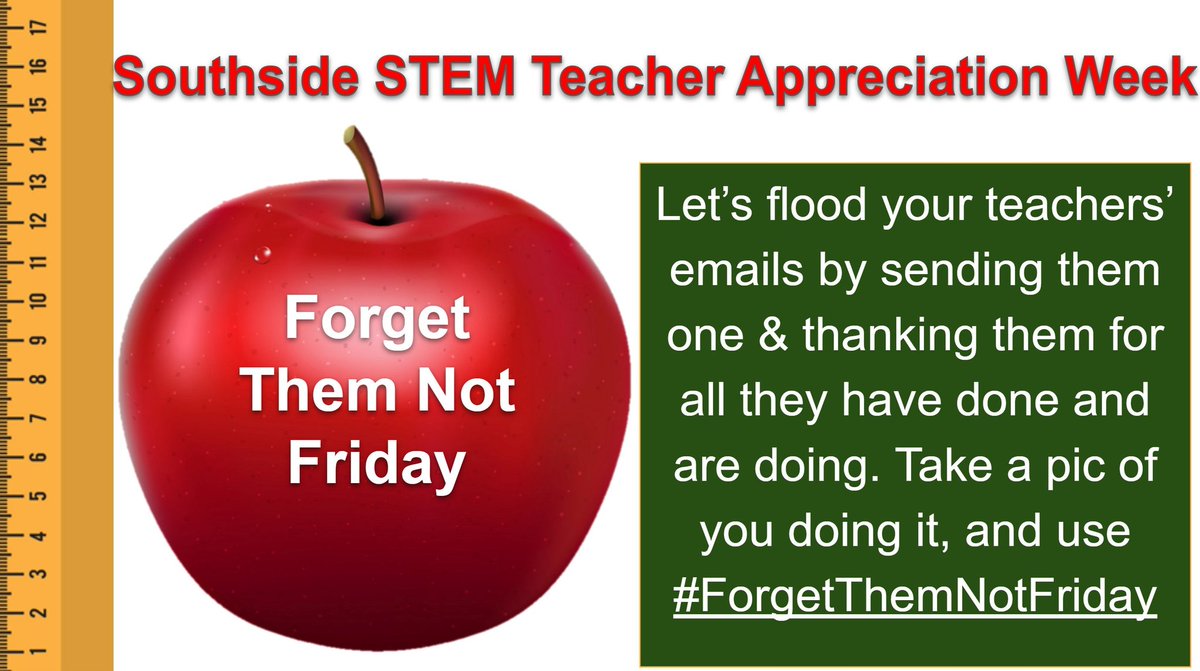 SouthsideStem's tweet photo. Let's make sure our teachers are not forgotten during #TeacherAppreciationWeek2020! Please take a minute and flood their emails with thank you notes! Our teacher directory page is here: https://t.co/WplYqFqevC
#ForgetThemNotFriday https://t.co/cJhsCXlADr