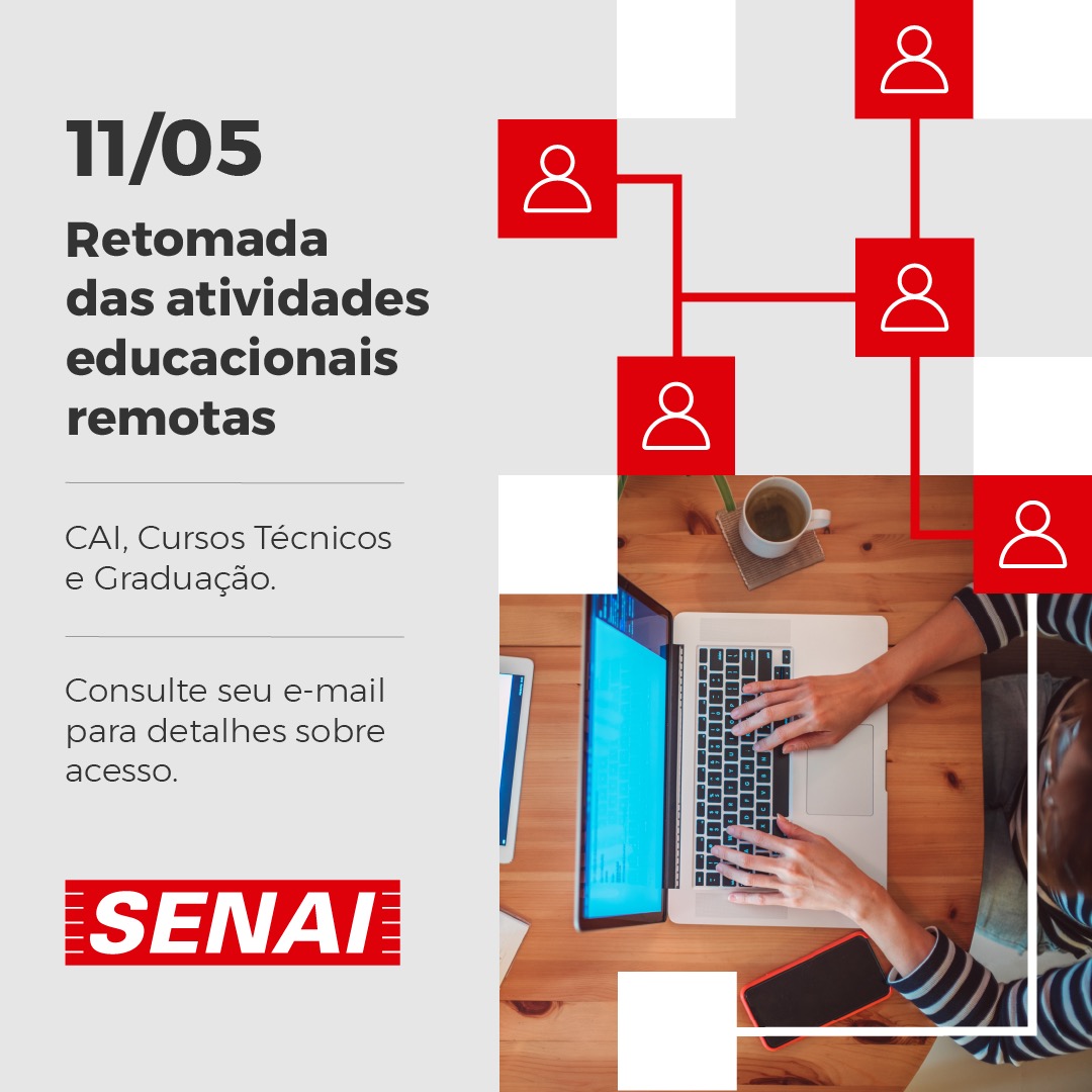 SENAI_FJacob's tweet photo. Atenção alunos de Cursos Técnicos, CAI e de Graduação: a retomada das atividades educacionais remotas terá início no dia 11/05/2020 (segunda-feira). A nossa comunicação com vocês será feita por e-mail - fique atento!
A volta às aulas será feita com segurança, vamos juntos! https://t.co/YrOHkQuXFZ