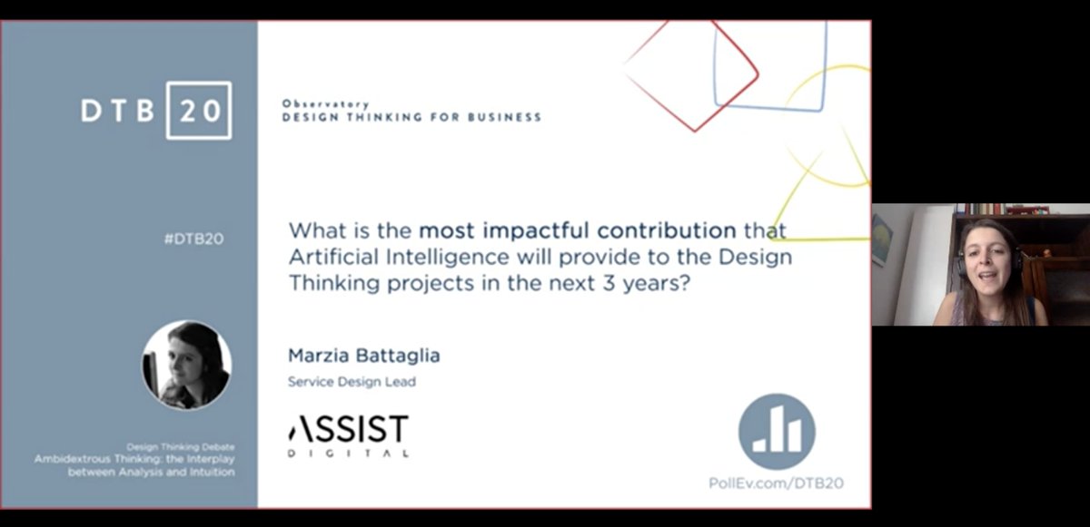 .<a href="/marzia_bat/">Marzia Battaglia</a> <a href="/AssistCRM/">Assist Digital</a>  "Importante capire il problema che dobbiamo risolvere e il bisogno dell'utente, #AI aiuta nell'individuazione e misurazione dei dati per rispondere a questi bisogni" #DTB20 #DesignThinking