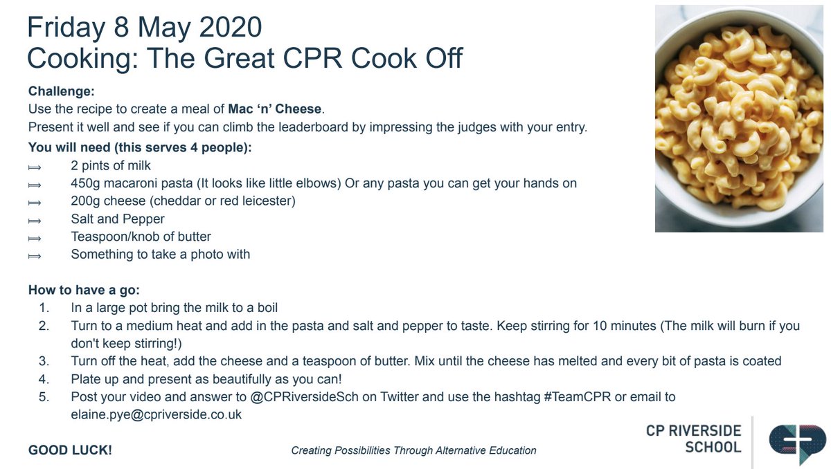 CPRiversideSci's tweet photo. Because making good food is a Science of course! Send us photos/videos your finished results @CPRiversideSch #thegreatCPRcookoff https://t.co/Js0g4YjfsE