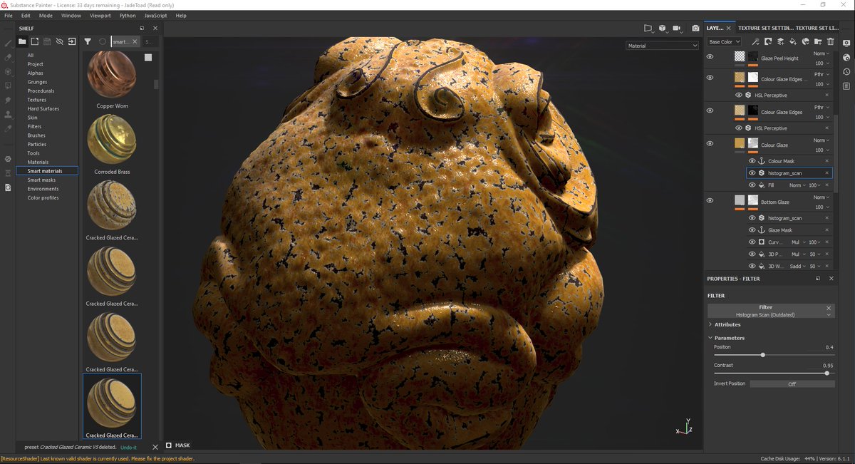 KayVriend's tweet image. SSS looks great! Just a bit of scattering on the glaze. Microfractures are looking good too! Getting close to done. #SubstancePainter #gameart #smartmaterial @Substance3D