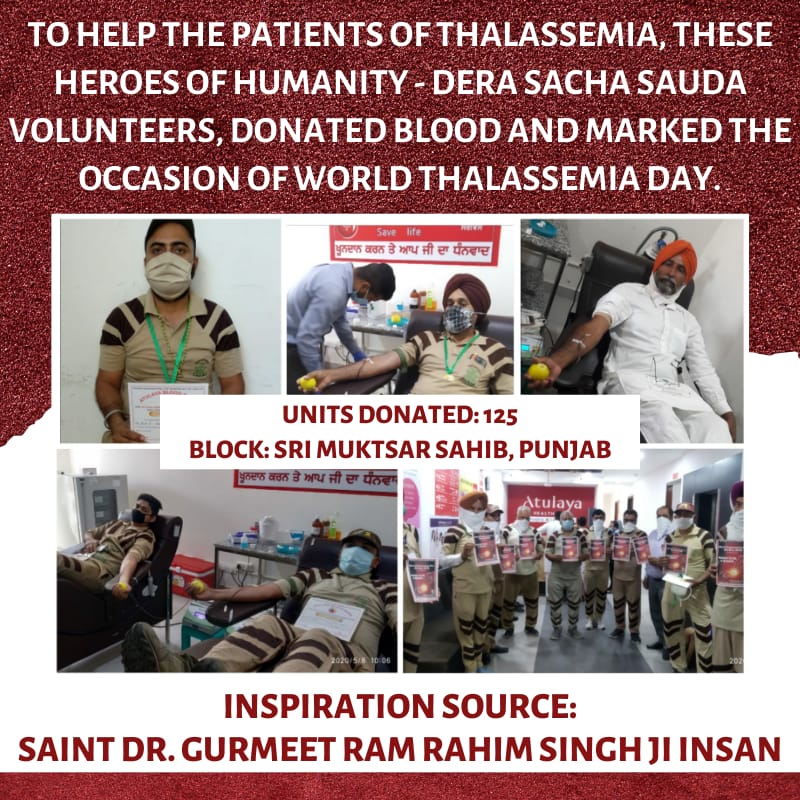 On the occasion of #WorldThalassaemiaDay, Dera Sacha Sauda volunteers conducted blood donation camps in many cities with the motive of #BloodAidForThalassemia patients.
Salute to these humanity warriors who are working selflessly even in lockdown.👏👍
