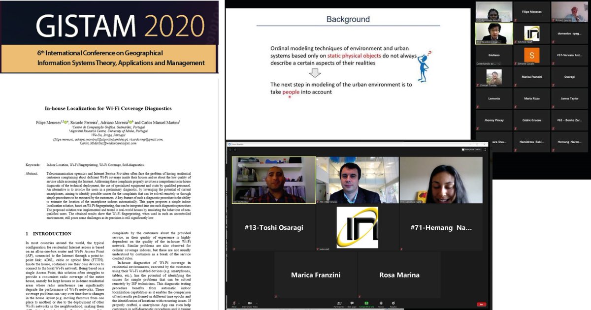 Hoje, a #GISTAM2020 – “6th International Conference on Geographical Information Systems Theory, Applications and Management”contou com a participação do Investigador Filipe Meneses #CCG #IndoorLocation #WiFiFingerprinting #WiFiCoverage #Selfdiagnostics https://t.co/rAo5IGdOEH