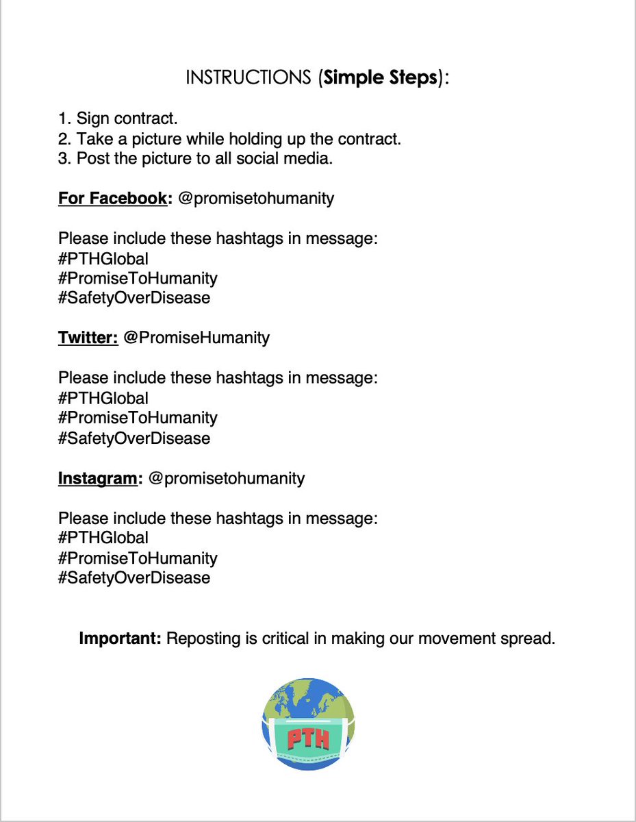 ParentsPromise's tweet photo. (2 of 2) and follow all safety measures in the efforts to save loved ones and slow the spread of the virus. Please visit our Twitter @PromiseHumanity and website https://t.co/Fz9JJbDK19 to sign the contract today! #PTHGlobal #PromiseToHumanity #SafetyOverDisease https://t.co/FXeUVJIuAA
