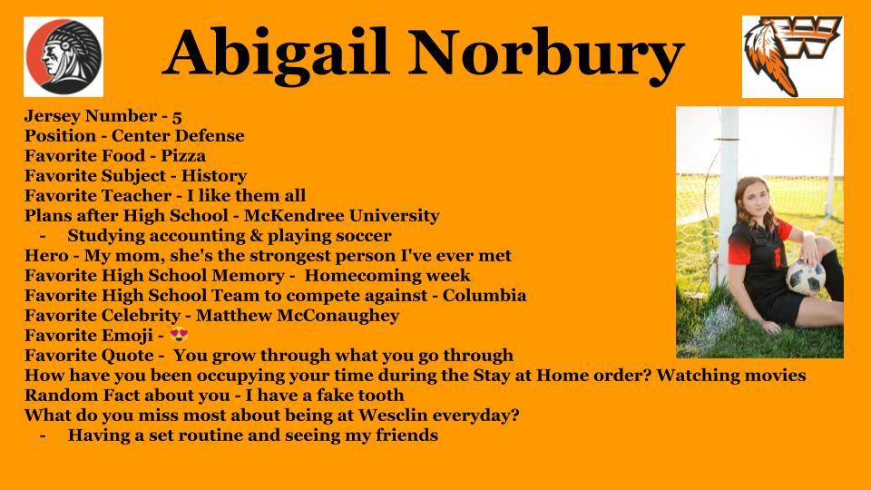 WesclinSports's tweet photo. Senior Spotlight
Abigail Norbury
@abbeynorbury5 
#wesclinwarriors https://t.co/fDOkLgQKMT