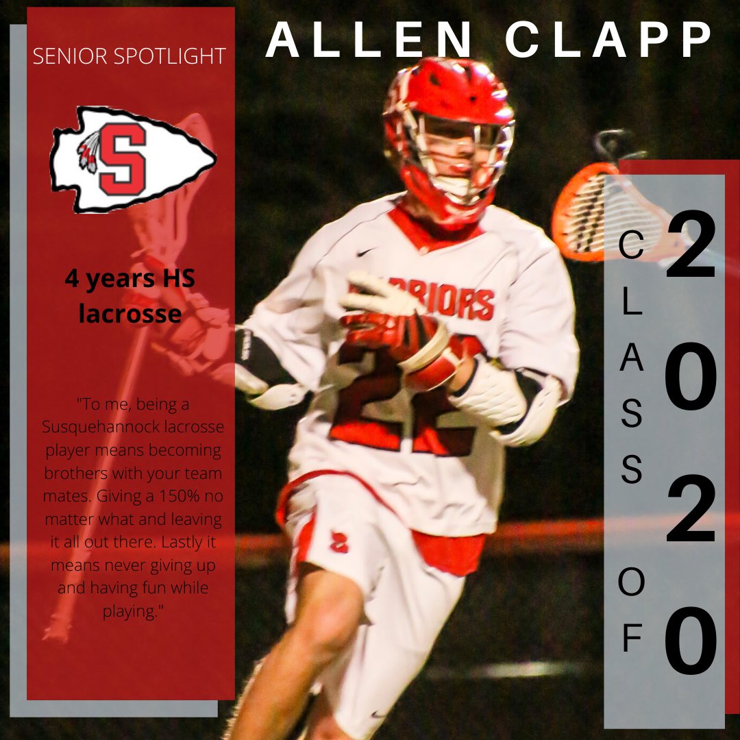 suskyhsboyslax's tweet photo. Our next Senior Spotlight is Allen Clapp.  He plans to attend Harford Community College and play lacrosse.  #Classof2020 #WarriorProud @SYCSD @SuskyWarriors @suskyhsboyslax https://t.co/j6p8BBvZzX