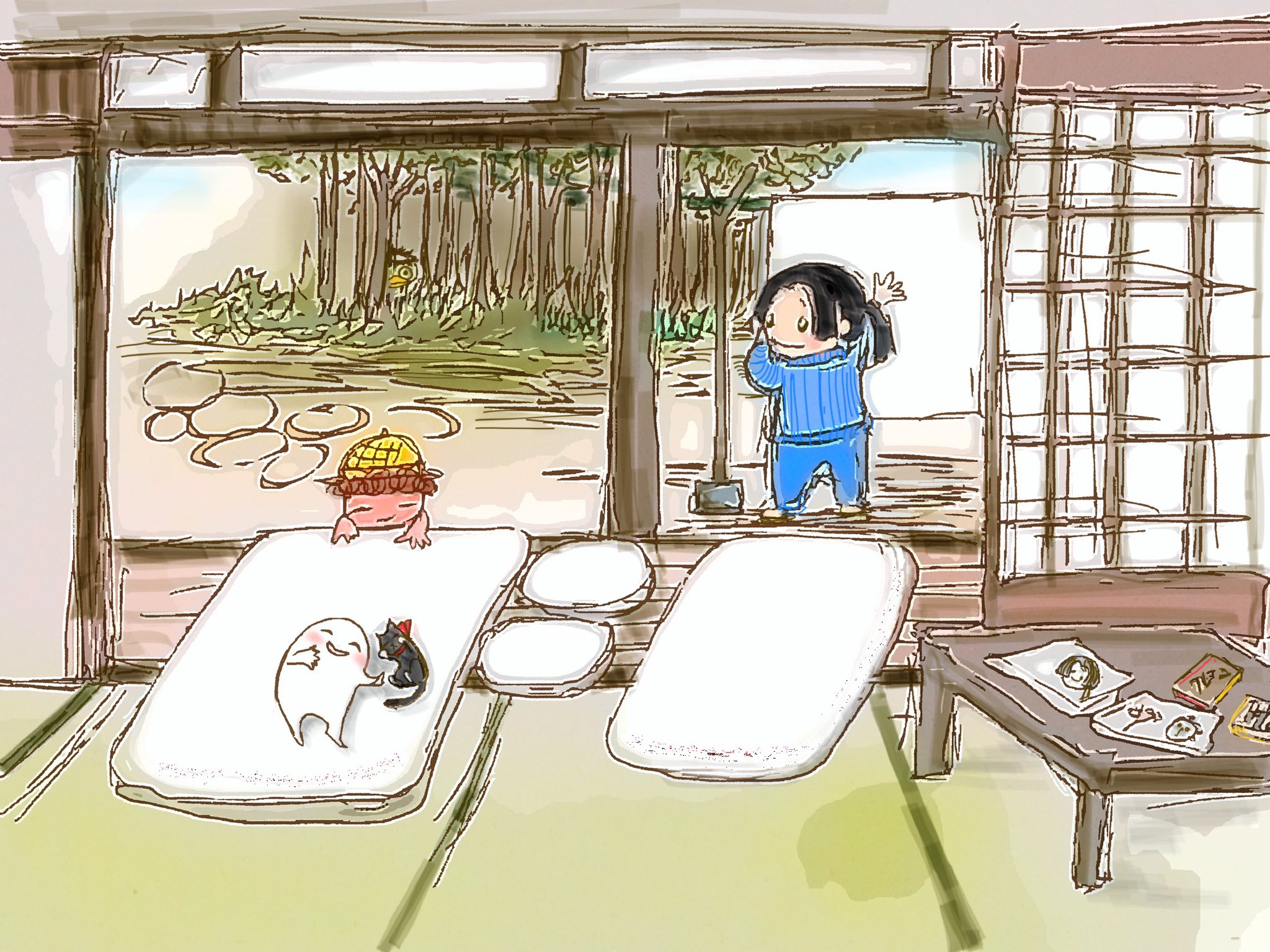 りん 田舎暮らしのイラストレーター ぽかぽか おひさまのにおいがするー 気持ちよく寝れそうだね イラスト Illustration 365日どこかにかわいいのがいる 一日一絵 おふとん おひさま 旅子さん 小鬼ちゃん 猫 田舎 のんびり 皐月 幸せを