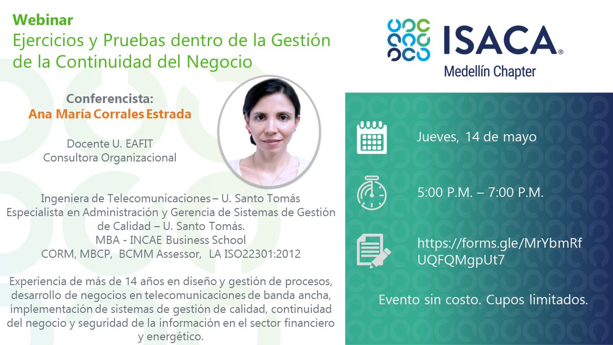 IsacaMedellin's tweet photo. Estimados Asociados y Amigos, cordial saludo:

Los invitamos a participar de este webinar en el que se darán a conocer los aspectos fundamentales para diseñar los ejercicios y hacer las pruebas de los planes de continuidad del negocio.

Inscripciones: https://t.co/WCwccsf1iL https://t.co/JMTx8DVWwe