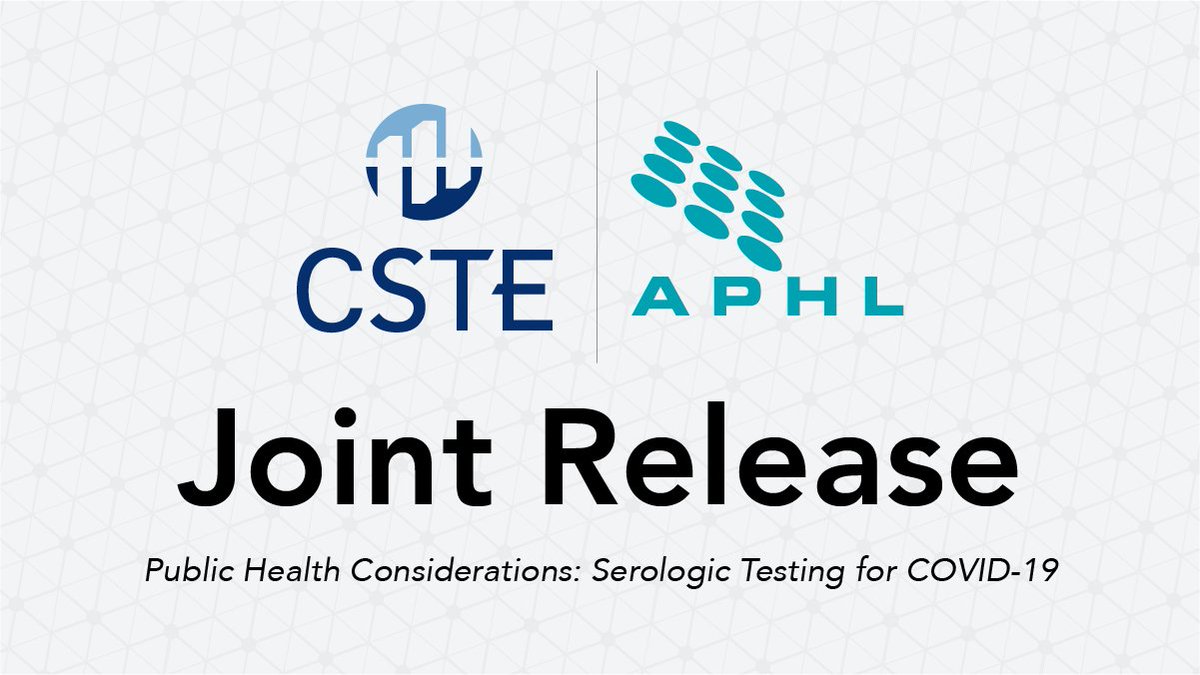 CSTEnews's tweet photo. #CSTE has partnered with @APHL in a statement outlining #PublicHealth applications for use of #SerologicTesting for COVID-19. Read the statement along with the new document – Public Health Considerations: Serologic Testing for #COVID19. https://t.co/U3vqayDEr9 #Epidemiology #Epi https://t.co/JX4X2ff66Z