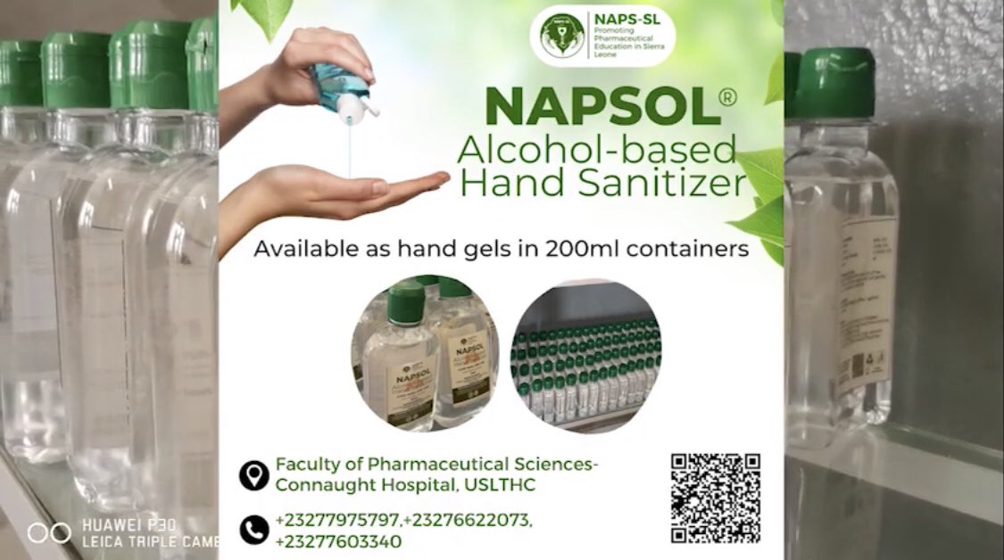 dr_bellajaymd's tweet photo. Washing your 👐🏾 frequently w/ 🧼 &amp; 💦 or using alcohol-based hand rub kills viruses that may be on your hands. 

Pharmacy students @COMAHS_USL &amp; @NAPS_SL have today launched an alcohol-based hand rub #NAPSOL which they developed locally. Truly impressive! #COVID19 #SaloneTwitter https://t.co/Ce1K3kL1a0