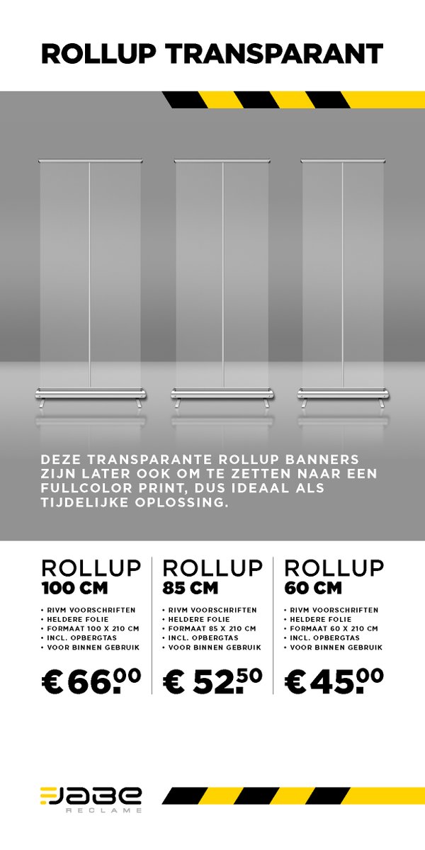 Transparante Rollup banners.  Deze zijn later ook om te zetten naar een fullcolour print, dus ideaal als tijdelijke oplossing. Bel of email ons voor meer informatie of geef een bestelling door.
T 0546 622700, E info@jabe.nl, jabe.nl

#zorgvoorelkaar #rollup