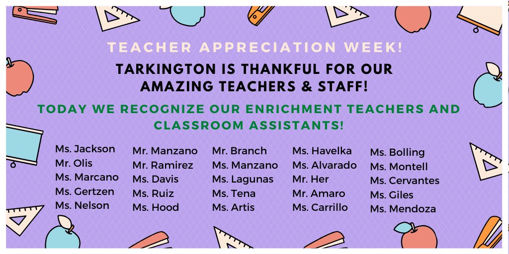 tseall1's tweet photo. Today we recognize our enrichment teachers and classroom assistants as we celebrate Teacher Appreciation Week!  Thank you, Tarkington Teachers, for your dedication and commitment to providing excellence for all of our students! #ThankATeacher https://t.co/ZvZ7laRuNy