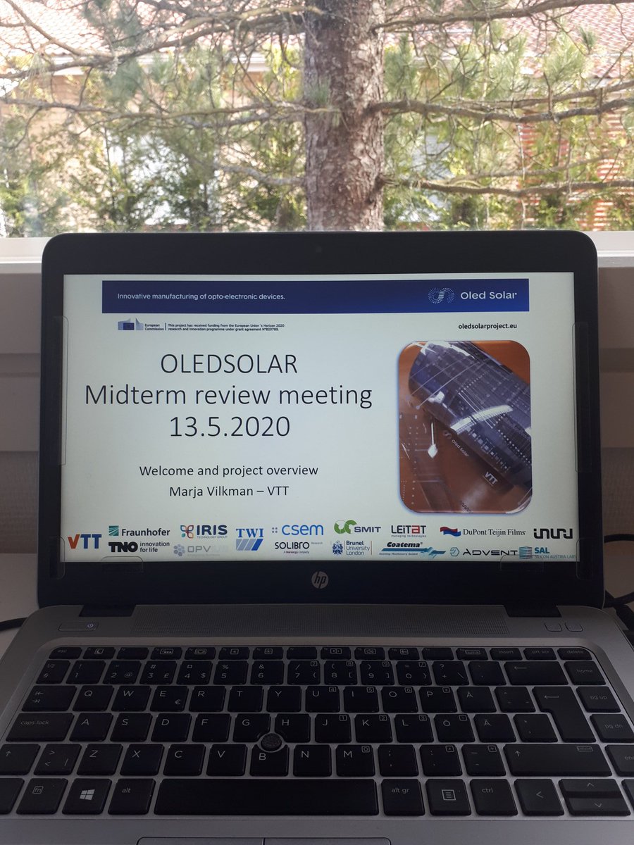 MarjaVilkman's tweet photo. Preparing for the midterm review meeting of our @oledsolarh2020 #H2020 project in my home office @VTTFinland. Any last minute tips for handling the meeting smoothly online are welcome👍 We have 16 partners and a lot of interesting #optoelectronics topics to discuss! https://t.co/fpLsMgVZaC