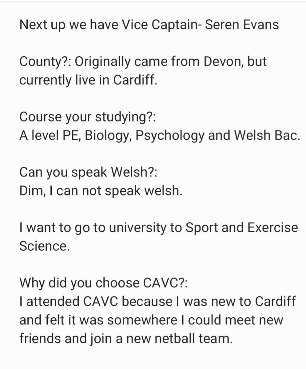 CAVC_Netball's tweet photo. Proffil chwaraewr heddiw rydyn ni'n edrych ar Is-Gapten @seren_evans_

Edrychwch arno a gweld beth sydd ganddi hi ddweud am academi pêl-rwyd CAVC.

Peidiwch ag oedi cyn gofyn unrhyw gwestiynau.
#academifelun
@CAVC @CAVC_Sport @LeckwithLadies @WelshNetball @celtic_dragons https://t.co/gm5VXDRH2A