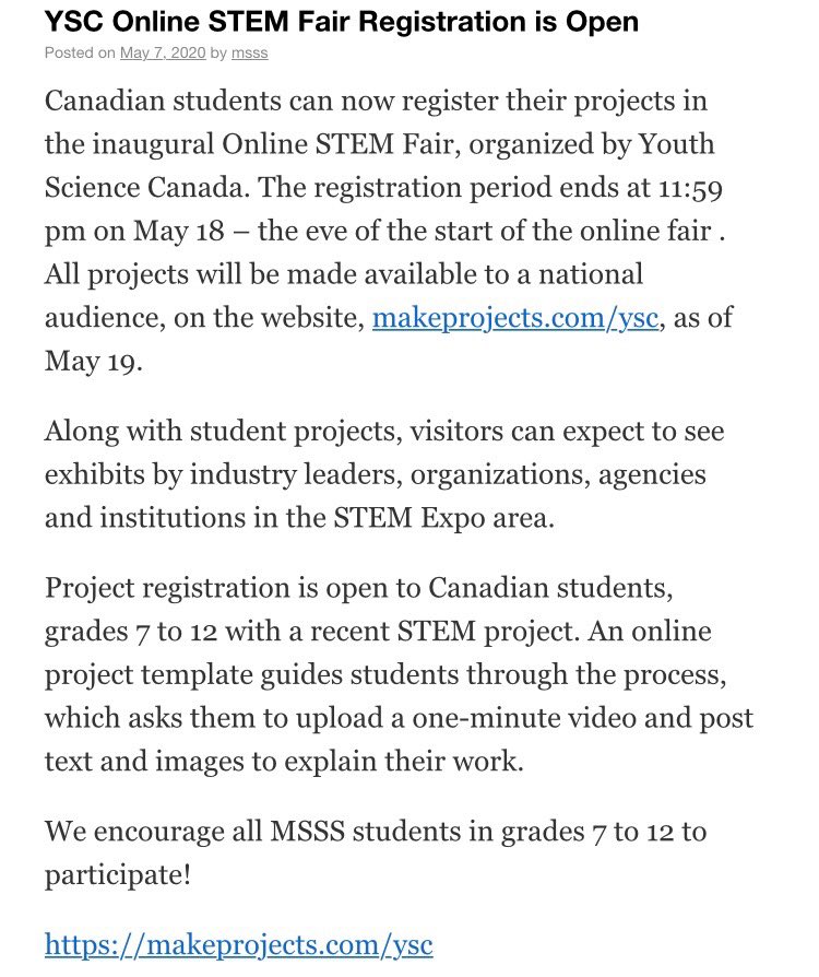 msss_mb's tweet photo. Here is an update on the ONLINE STEM SCIENCE FAIR! Be sure to visit @ysc_sjc  for more information! https://t.co/YqJNo33Npn