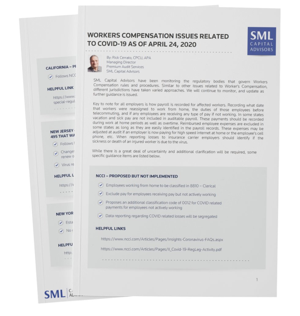 SML_Capital_1's tweet photo. Download: Workers Compensation Issues Related to COVID-19: https://t.co/1R3geCNzyP Get latest guidance regarding COVID-19 amendments to Workers Compensation Manuals addressing payroll, premium, classification, experience rating and more. #covid19 #workerscomp https://t.co/Up8LZhiyI7