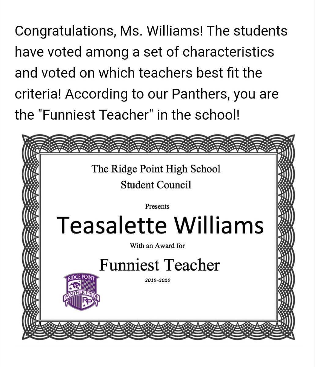 coolchemteacher's tweet photo. I guess teachers get superlatives too!! I always would say there's no 😭 in Chemistry!! 
💜Thank you, Panthers!!💜 https://t.co/81yMHNOWkH
