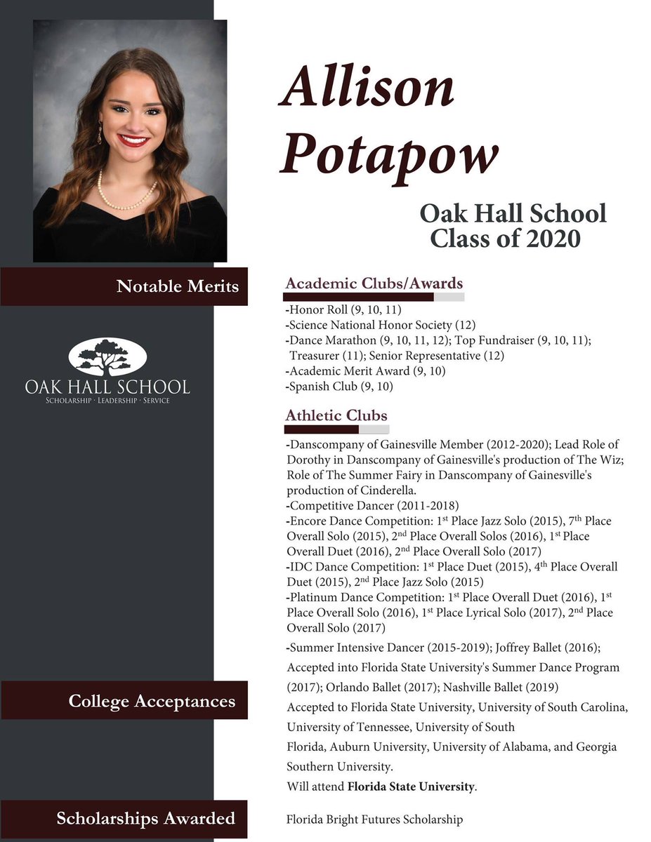 OakHallSchool's tweet photo. Congratulations to Allison Potapow on her upcoming graduation from Oak Hall! Best of luck at @floridastate, Allison! 🤩🦅
#OHSLeadingTheCharge
#OnceAnEagleAlwaysAnEagle
#ClassOf2020
#SeniorProfiles
#WeFlyHigh
#EaglesSoar https://t.co/OjxoNQNuMs