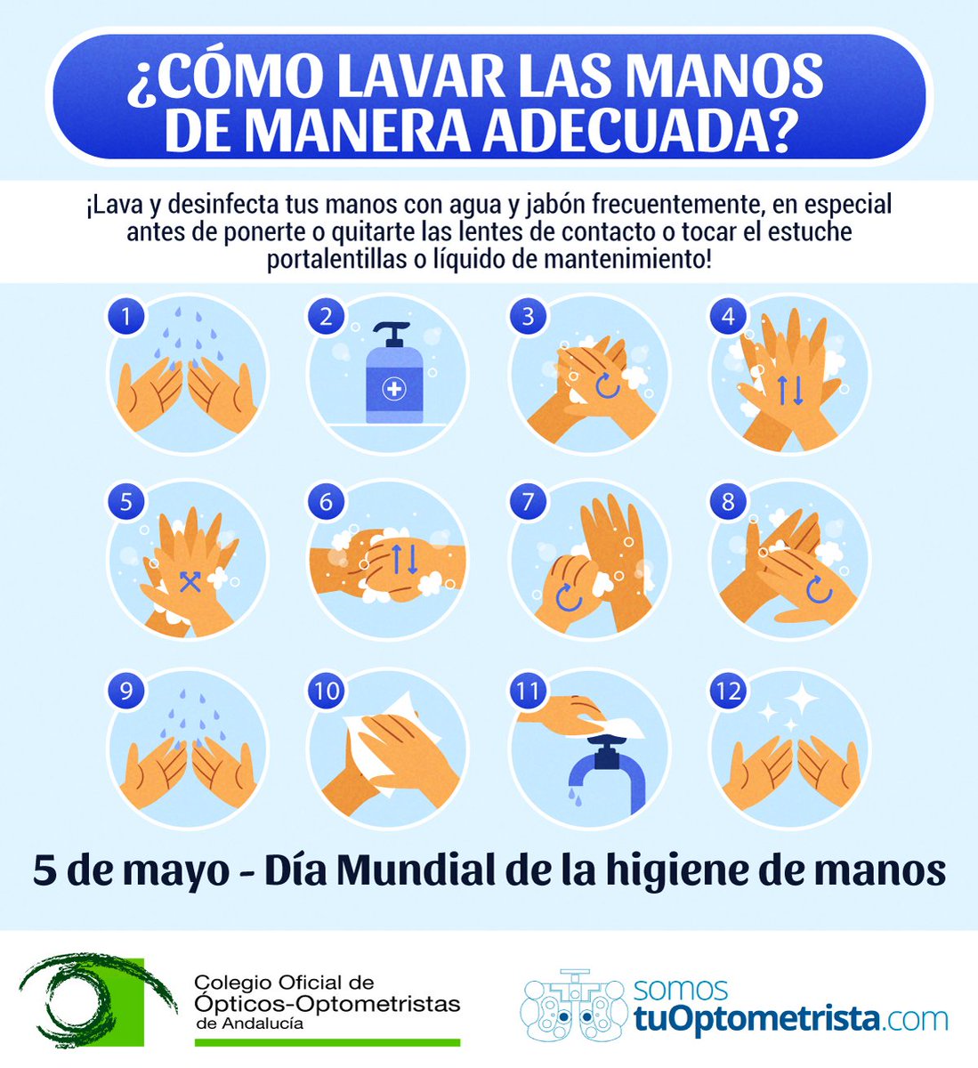 🖐💦👀 Hoy, en el Día Mundial de la Higiene de Manos, volvemos a recordar la importancia de lavar y desinfectar adecuadamente las manos para evitar posibles riesgos de infección, en especial si tenemos que manipular lentes de contacto. 

¡Sé responsable!