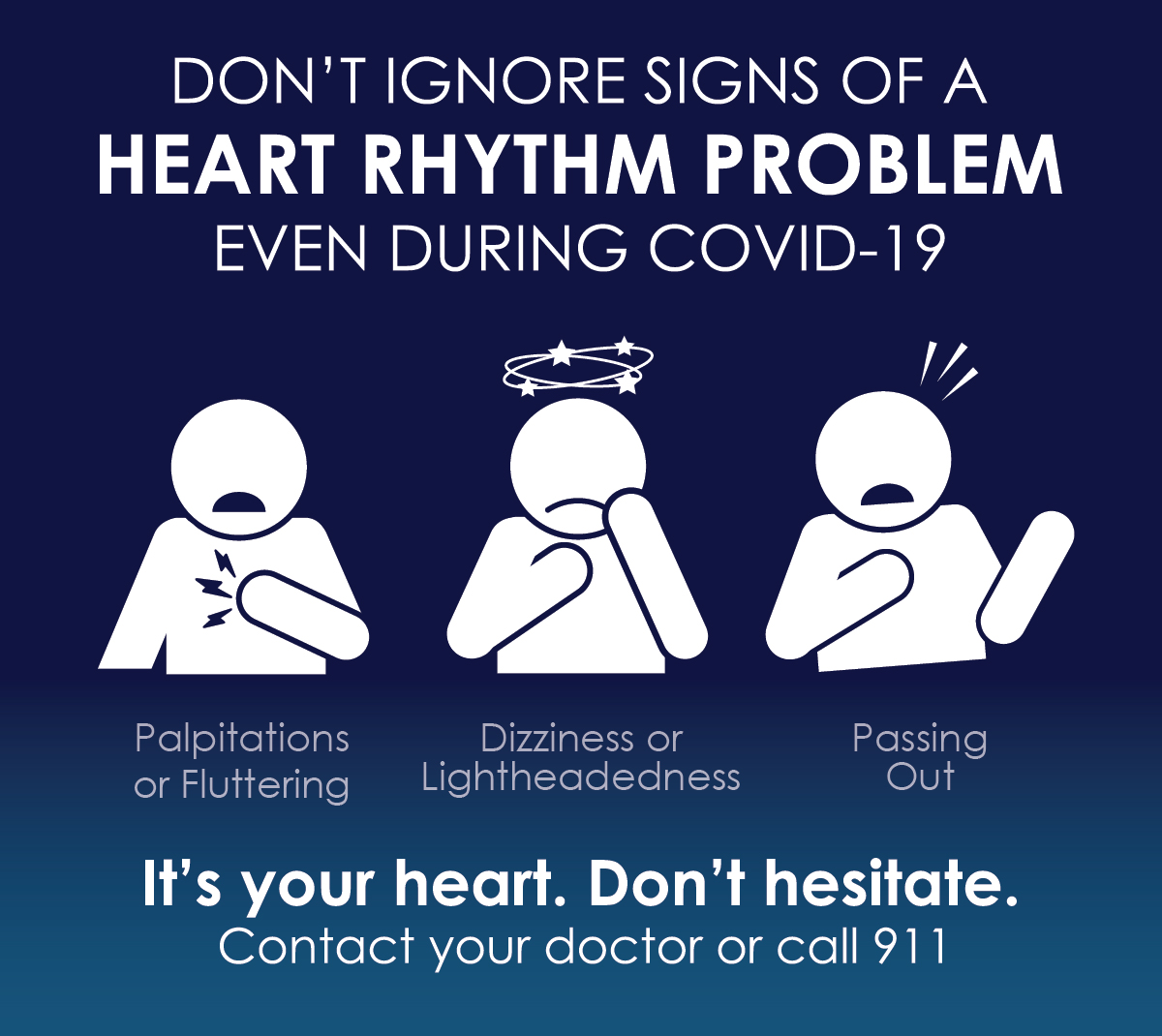 wqfoster's tweet photo. Delaying treatment for heart rhythm problems, heart attack,or stroke can have serious consequences. #itsyourhealth #donthesitate Bad news doesn’t get better with time. Call 911 or your doctor immediately if you require emergency care. #pandemic #criticalcareduringcovid19 https://t.co/3TTq0lmG4h