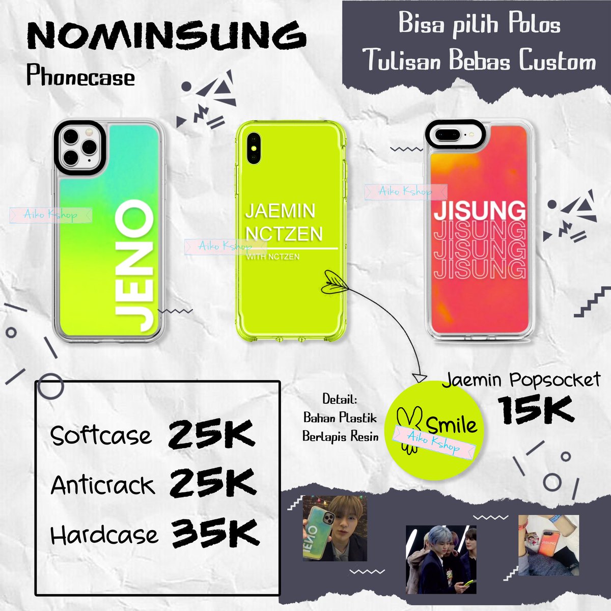 aikokshop's tweet photo. OPEN PO PHONE CASE

#JENO
#JAEMIN
#JSUNG

💚Gift:
💚AR Photocard
💚Polaroid
💚Sticker Set
💚Secret gift💚

Tersedia untuk tipe HP dg merk:
Samsung
Iphone
Redmi
Realme
Oppo
Vivo https://t.co/IeW9Ao0NDz
