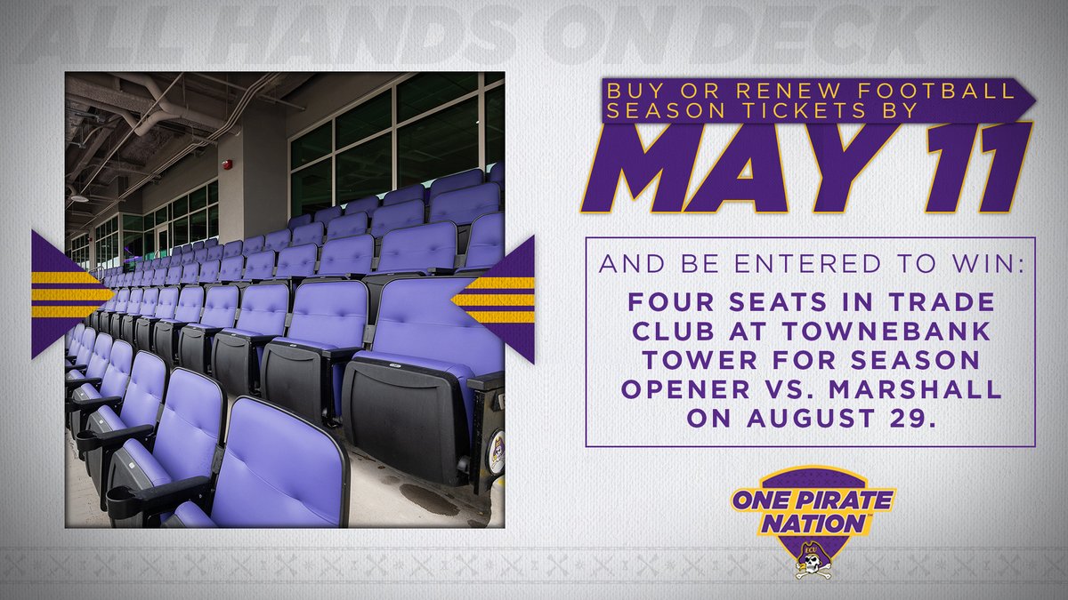 🚨The first incentive deadline date is approaching!🚨 

Buy or renew your <a href="/ECUPiratesFB/">ECU Football</a> season tickets by May 11 to be entered to win four seats in the Trade Club at TowneBank Tower for the season opener!

More info 👉bit.ly/3fphtxI