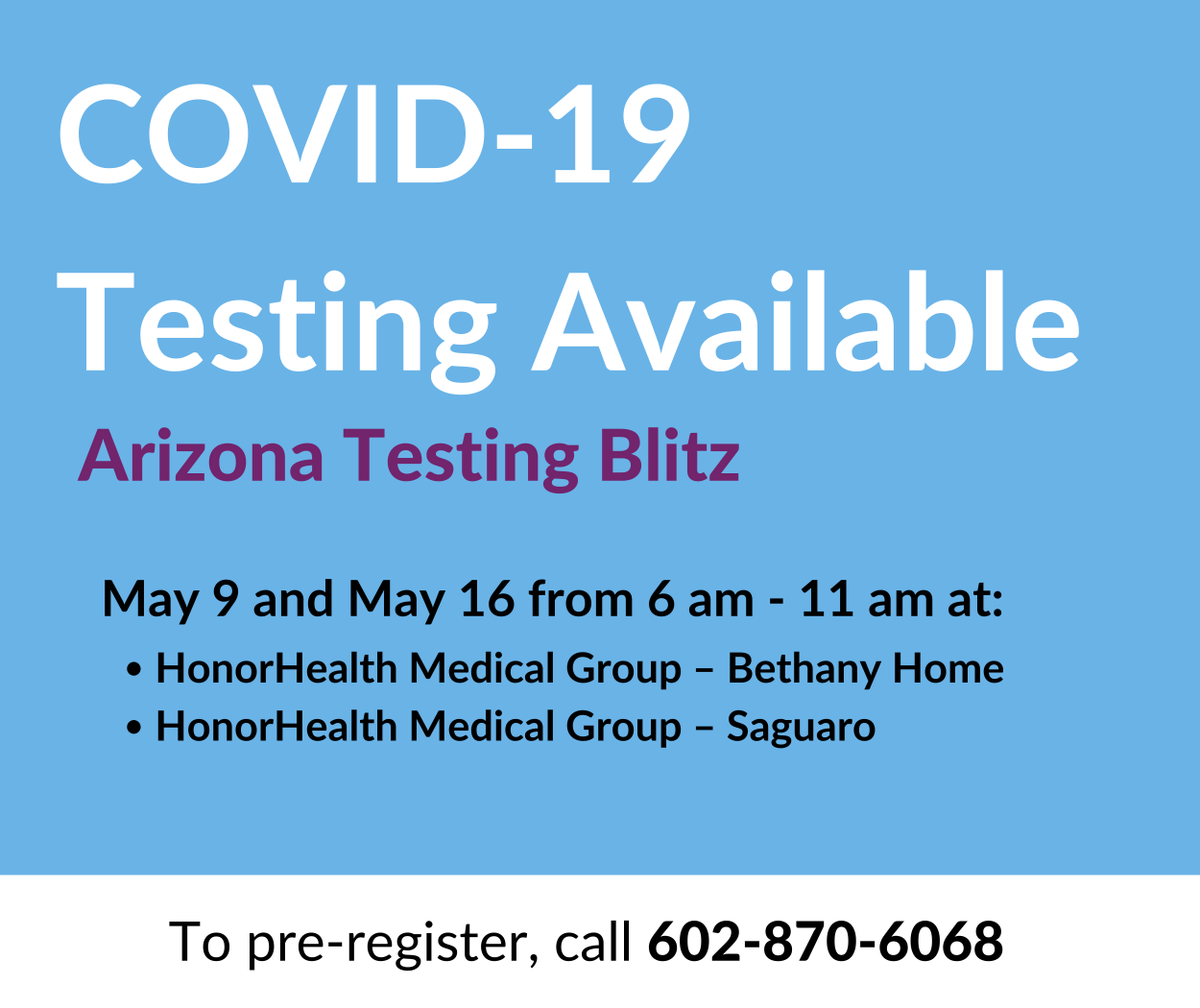 HonorHealth's tweet photo. ICYMI: HonorHealth is thrilled to be participating in the Arizona Testing Blitz, a community effort to expand COVID-19 testing. No doctor's order required. Call 602-870-6068 to pre-register. To learn more, visit: https://t.co/PPtnNv5YPi #TestingBlitz #Covid19 #Arizona https://t.co/1RkfTdvKnB