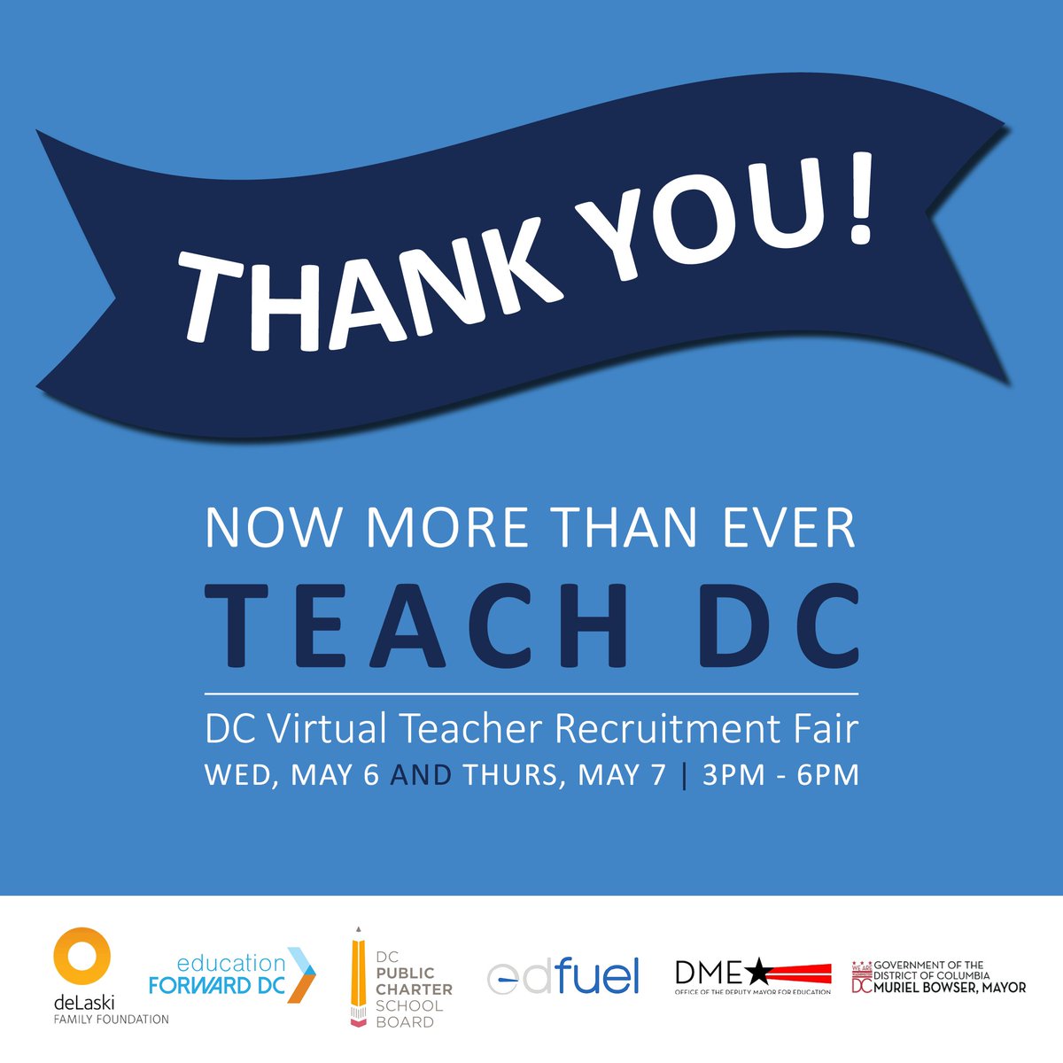 EdFuelOrg's tweet photo. We also want to show our #gratitude to @edforwarddc &amp; the deLaski Family Foundation for sponsoring the DC Virtual Teacher Recruitment Fair. 

Their support allowed our event to be completely FREE &amp; accessible for all participants. Your generosity is greatly appreciated! #TeachDC https://t.co/kfyMNL3Crh