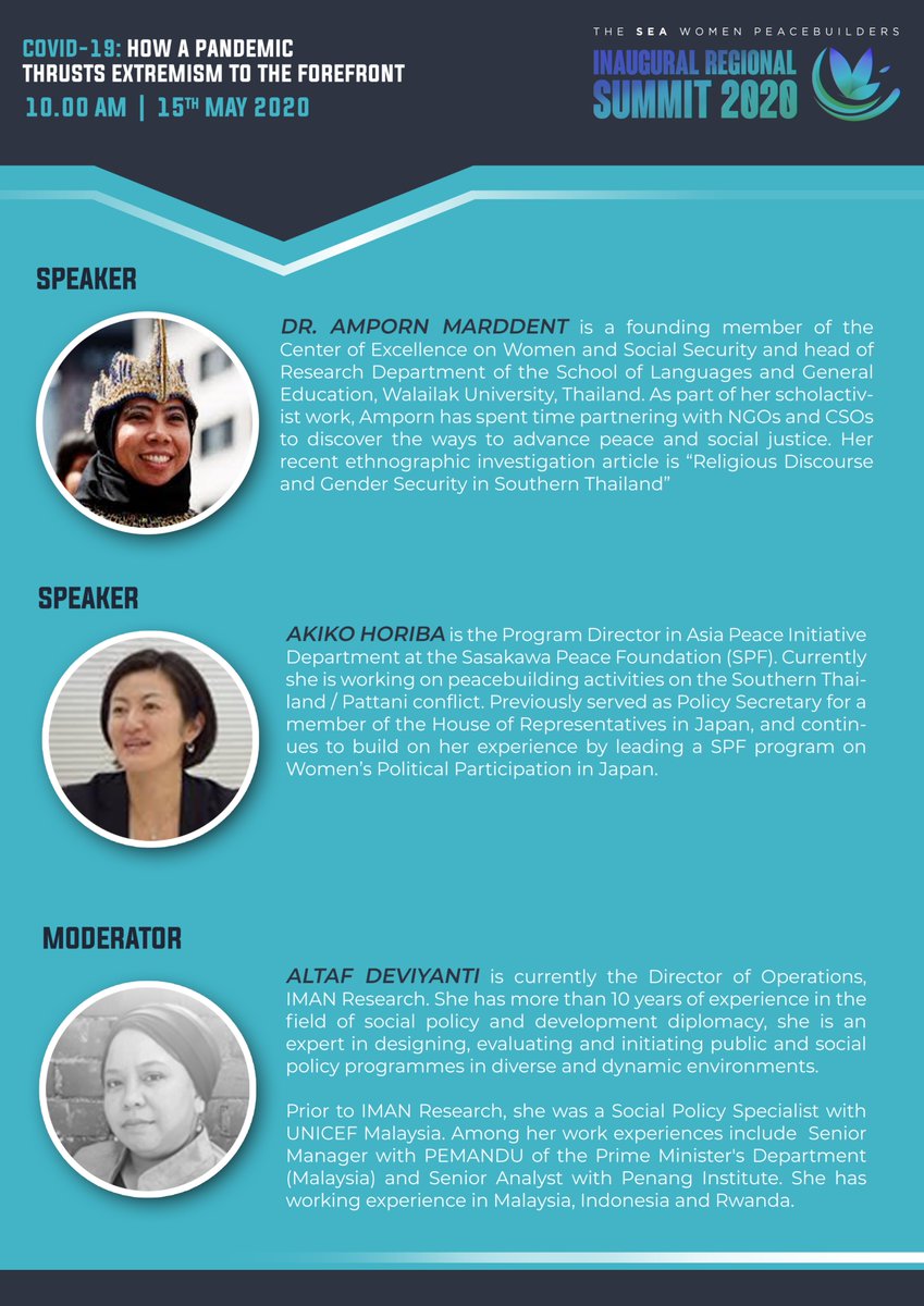 seawp2020's tweet photo. Speakers for our May 15th event!

''Gender Based Violence In Pattani : The Role Of Women Religious Scholars In Responding To Fundamentalism''

Register here : https://t.co/3yinmYsr9o https://t.co/SKC7Y8ORcu