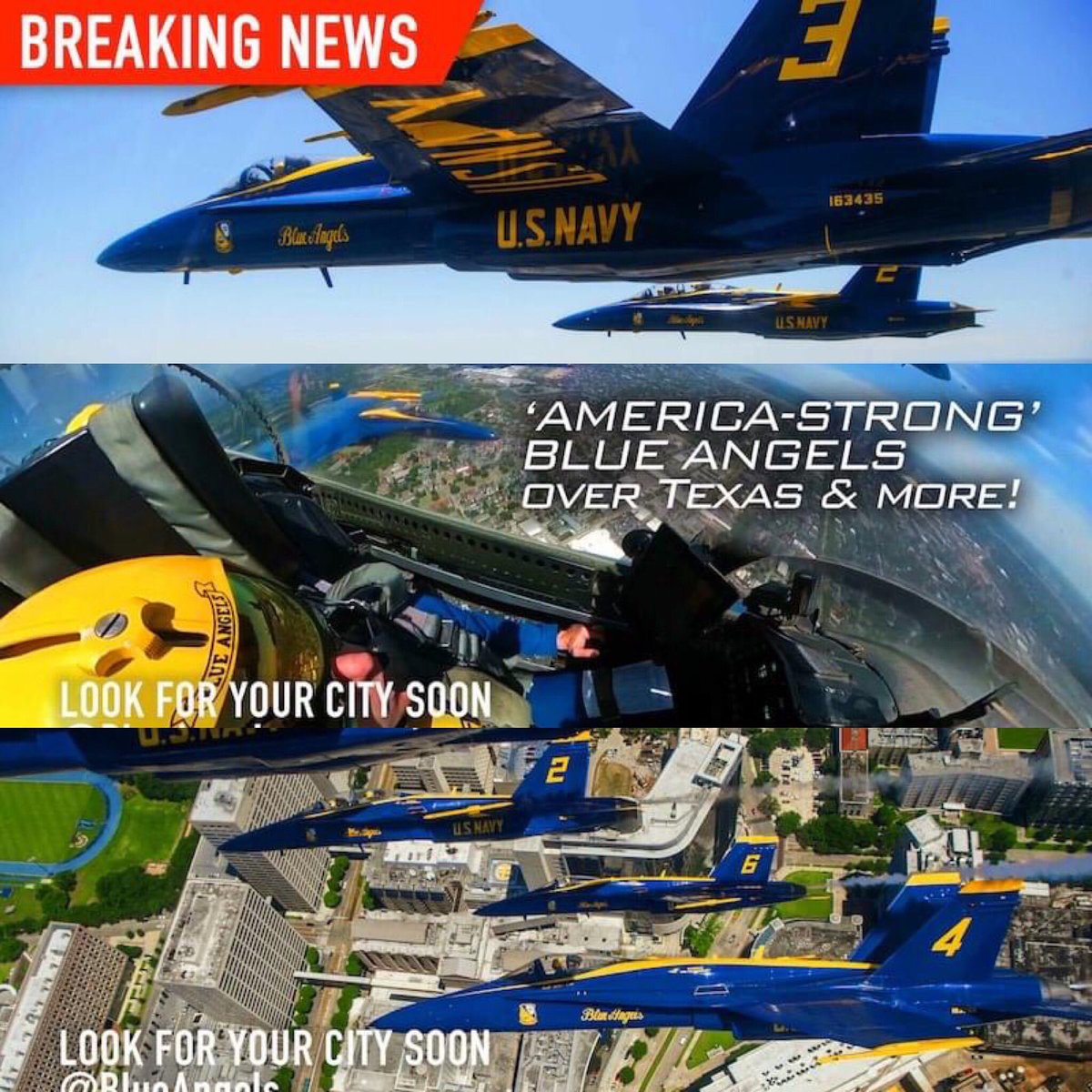 ImAirTV's tweet photo. ‘AMERICA STRONG’ FLY-OVERS.  US Navy Blue Angels performed a flyover of Dallas, Fort Worth, Houston, New Orleans on May 6, 2020 to honor health care and essential workers fighting the COVID-19 pandemic. Thank you DoD images do not constitute endorsement https://t.co/1lFlGDG9ua https://t.co/DrOzJCqGU9